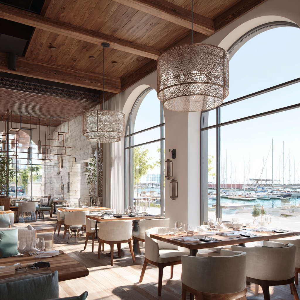 Large family group dining at a restaurant in Dubai with city views